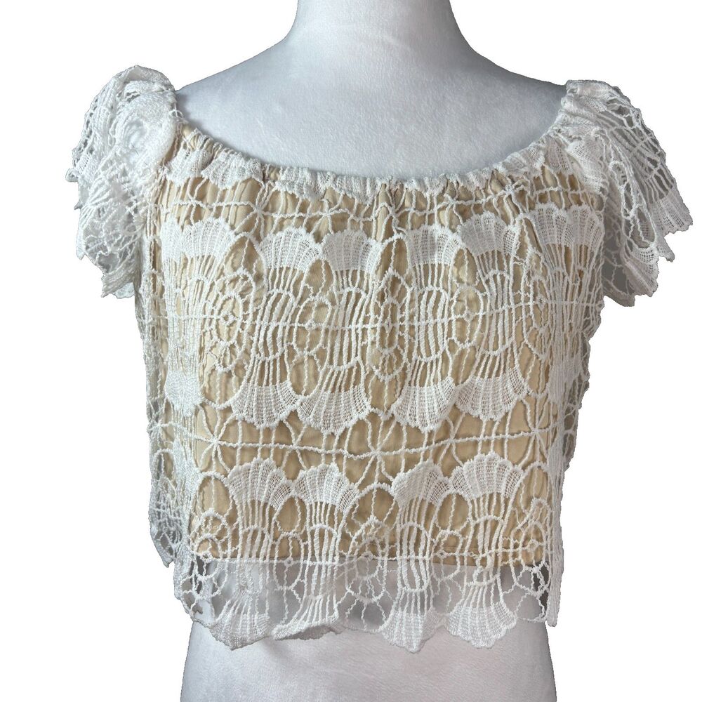 Charlotte Russe Beige Crop Off Shoulder Top Lace Overlay Jr Sz L‎ Festival Boho